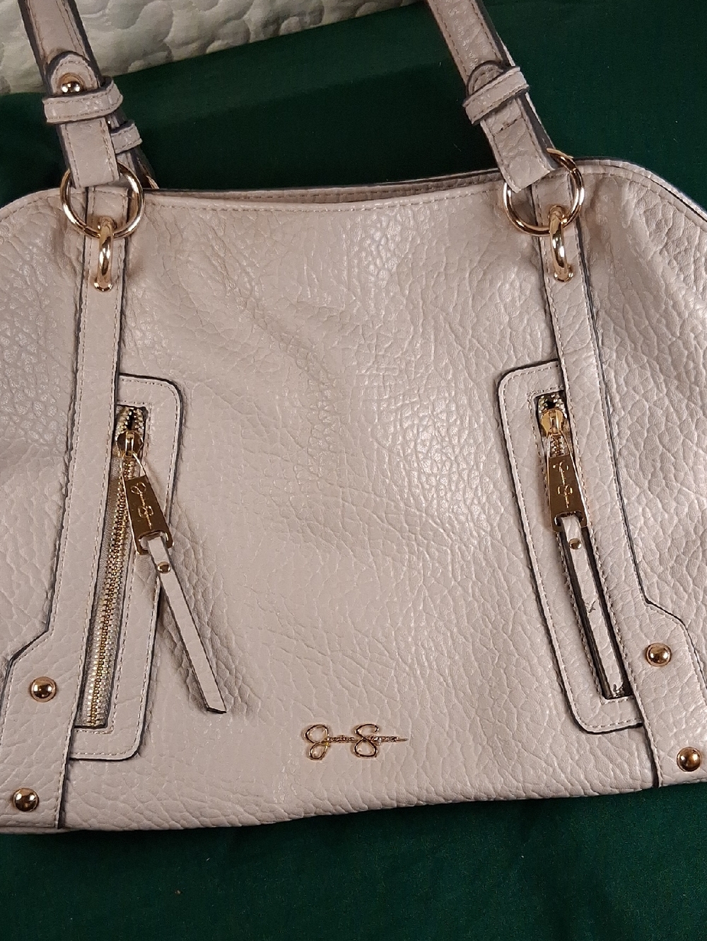 Jessica Simpson Cream Textured Shoulder Tote with Gold Hardware 2 Front Zippers